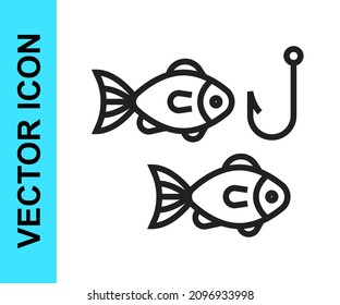 Black line Fishing hook under water with fish icon isolated on white background. Fishing tackle.  Vector