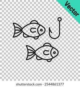 Black line Fishing hook under water with fish icon isolated on transparent background. Fishing tackle.  Vector