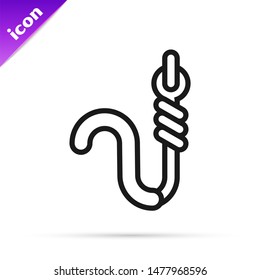 Black line Fishing hook and worm icon isolated on white background. Fishing tackle.  Vector Illustration