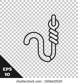 Black line Fishing hook and worm icon isolated on transparent background. Fishing tackle.  Vector Illustration