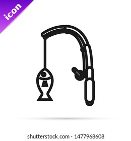 Black line Fishing rod and fish icon isolated on white background. Fishing equipment and fish farming topics.  Vector Illustration