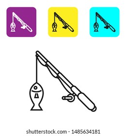 Black line Fishing rod and fish icon isolated on white background. Fishing equipment and fish farming topics. Set icons colorful square buttons. Vector Illustration