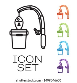 Black line Fishing rod and fish icon isolated on white background. Put fish into a bucket. Fishing equipment and fish farming topics. Set icons colorful. Vector Illustrationn