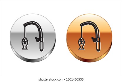 Black line Fishing rod and fish icon isolated on white background. Fishing equipment and fish farming topics. Silver-gold circle button. Vector Illustration