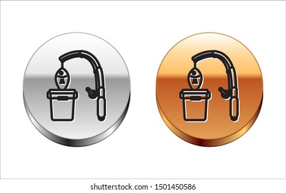 Black line Fishing rod and fish icon isolated on white background. Put fish into a bucket. Fishing equipment and fish farming topics. Silver-gold circle button. Vector Illustrationn