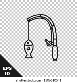 Black line Fishing rod and fish icon isolated on transparent background. Fishing equipment and fish farming topics.  Vector Illustration