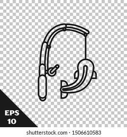 Black line Fishing rod and fish icon isolated on transparent background. Catch a big fish. Fishing equipment and fish farming topics.  Vector Illustration