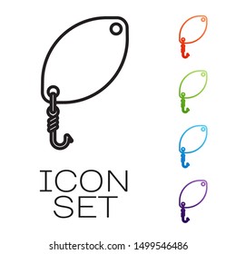 Black line Fishing spoon icon isolated on white background. Fishing baits in shape of fish. Fishing tackle. Set icons colorful. Vector Illustration