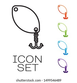Black line Fishing spoon icon isolated on white background. Fishing baits in shape of fish. Fishing tackle. Set icons colorful. Vector Illustration