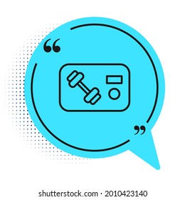 Black line Fitness club, gym card icon isolated on white background. Blue speech bubble symbol. Vector