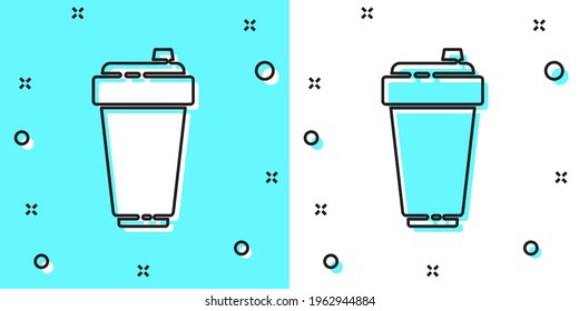 Black line Fitness shaker icon isolated on green and white background. Sports shaker bottle with lid for water and protein cocktails. Random dynamic shapes. Vector Illustration