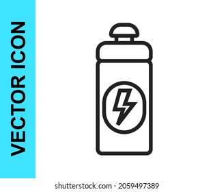 Black line Fitness shaker icon isolated on white background. Sports shaker bottle with lid for water and protein cocktails.  Vector