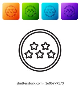 Black line Five stars customer product rating review icon isolated on white background. Favorite, best rating, award symbol. Set icons in color square buttons. Vector Illustration