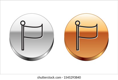 Black line Flag icon isolated on white background. Location marker symbol. Silver-gold circle button. Vector Illustration