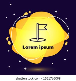 Black line Flag icon isolated on blue background. Location marker symbol. Abstract banner with liquid shapes. Vector Illustration