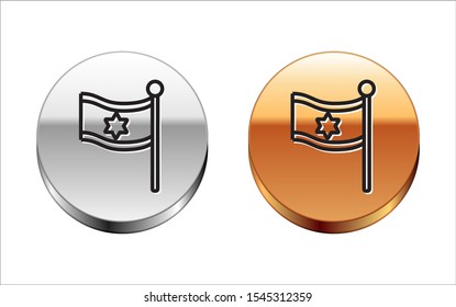 Black line Flag of Israel icon isolated on white background. National patriotic symbol. Silver-gold circle button. Vector Illustration