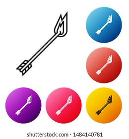 Black line Flame arrow icon isolated on white background. Hipster arrow icon. Set icons colorful circle buttons. Vector Illustration
