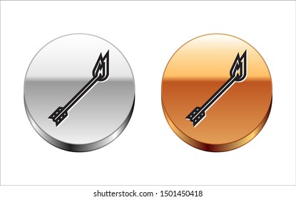 Black line Flame arrow icon isolated on white background. Hipster arrow icon. Silver-gold circle button. Vector Illustration