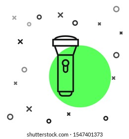 Black line Flashlight icon isolated on white background.  Vector Illustration