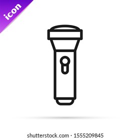 Black line Flashlight icon isolated on white background.  Vector Illustration