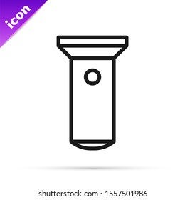 Black line Flashlight icon isolated on white background.  Vector Illustration