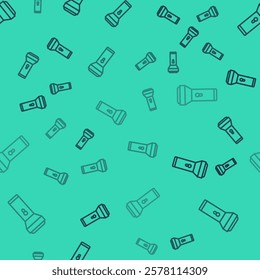 Black line Flashlight icon isolated seamless pattern on green background.  Vector