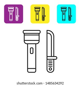 Black line Flashlight and knife icon isolated on white background. Set icons colorful square buttons. Vector Illustration