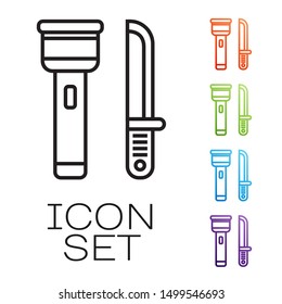 Black line Flashlight and knife icon isolated on white background. Set icons colorful. Vector Illustration