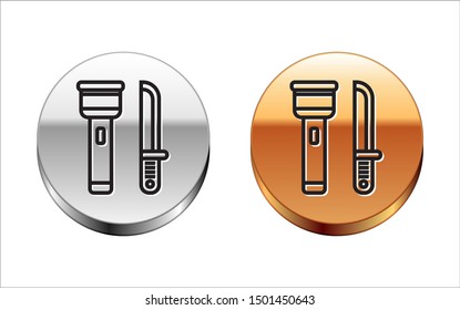 Black line Flashlight and knife icon isolated on white background. Silver-gold circle button. Vector Illustration