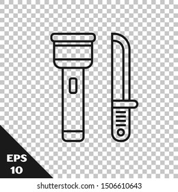 Black line Flashlight and knife icon isolated on transparent background.  Vector Illustration