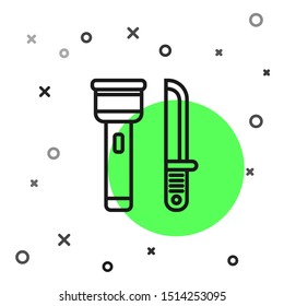 Black line Flashlight and knife icon isolated on white background.  Vector Illustration