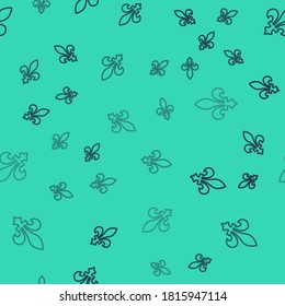 Black line Fleur De Lys icon isolated seamless pattern on green background. Vector.