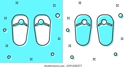 Black line Flip flops icon isolated on green and white background. Beach slippers sign. Random dynamic shapes. Vector