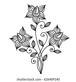 Black line flower with leaf. Isolated flower for card, coloring book and other design.