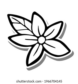 Los negros alinean una flor y una hoja sobre la silueta blanca y la sombra gris. Estilo de caricatura dibujado a mano. Doodle para decoración o diseño. Ilustración vectorial del arte infantil.