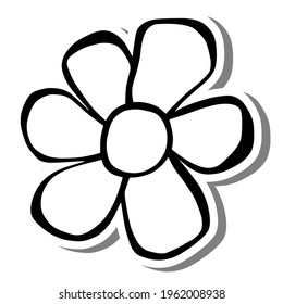 Black line a flower on white silhouette and gray shadow. Hand drawn cartoon style. Doodle for decoration or any design. Vector illustration of kid art.