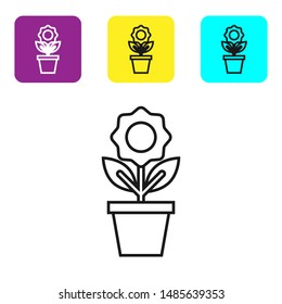 Black line Flower in pot icon isolated on white background. Plant growing in a pot. Potted plant sign. Set icons colorful square buttons. Vector Illustration