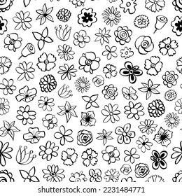 Black line Flowers Bloom seamless pattern. Design for paper, covers, cards, fabrics, background and any. Vector illustration about Nature doodle.