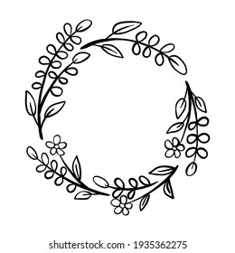 Black line flowers leaves circle frame on 2 white silhouette. Vector illustration for decorate logo, text, greeting cards and any design.