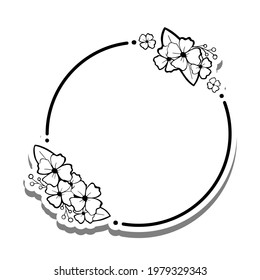 Black line flowers leaves circle frame on 2 white silhouette and gray shadow. Vector illustration for decoration logo, text, greeting cards and any design.