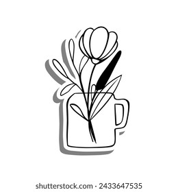 Black line Flowers Leaves in Mug on white silhouette and gray shadow. Hand drawn cartoon style. Vector illustration for decorate and any design