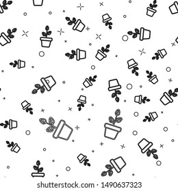 Black line Flowers in pot icon isolated seamless pattern on white background. Plant growing in a pot. Potted plant sign.  Vector Illustration