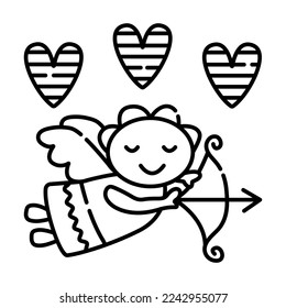 Black line flying cupid with bow and arrow in his hands. And also there are confetti hearts with rainbow above the angel
