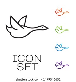 Black line Flying duck icon isolated on white background. Set icons colorful. Vector Illustration