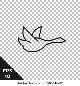 Black line Flying duck icon isolated on transparent background.  Vector Illustration