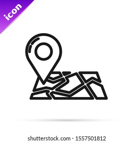 Black line Folded map with location marker icon isolated on white background.  Vector Illustration