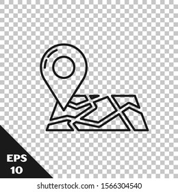 Black line Folded map with location marker icon isolated on transparent background.  Vector Illustration