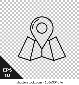Black line Folded map with location marker icon isolated on transparent background.  Vector Illustration