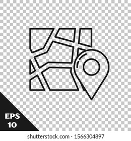 Black line Folded map with location marker icon isolated on transparent background.  Vector Illustration