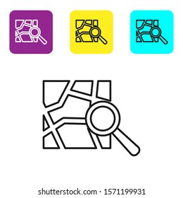 Black line Folded map with location marker icon isolated on white background. Set icons colorful square buttons. Vector Illustration